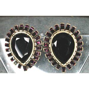 Vintage Gold-Tone Clip-On Earrings With Black Teardrop Stones & Purple Rhineston